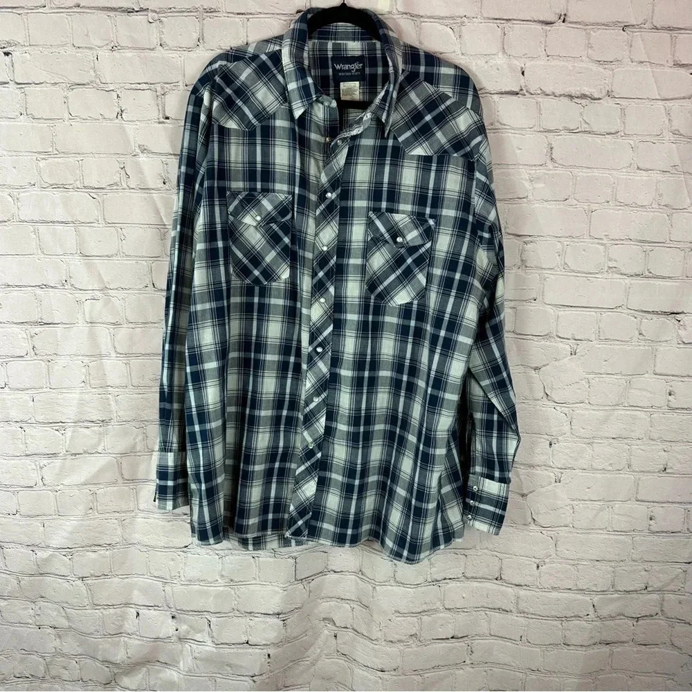 wrangler western shirts pearl snap navy white plaid sz 2XT XXL tall